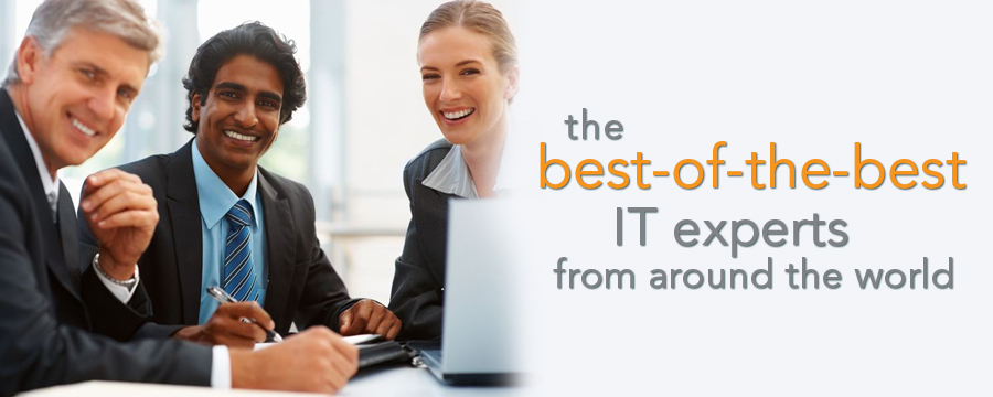 Our consultants dressed smartly and smiling at the camera while working at a table